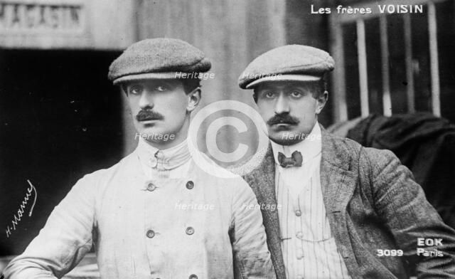 The Voisin brothers, French aviation pioneers. Gabriel Voisin (1880-1973), on the left..., (1912?). Creator: Bain News Service.