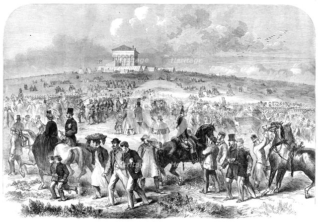The Volunteer Field-Day at Brighton: arrival of volunteers on the racecourse, 1862. Creator: Unknown.