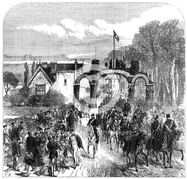 The Volunteer Review at Portsmouth: the 1st Middlesex Artillery,...Cosham,...Good Friday, 1868. Creator: C. R..
