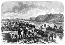 The Volunteer Review at Portsmouth: the 1st Hants Engineer Volunteers constructing a...bridge, 1868. Creator: Unknown