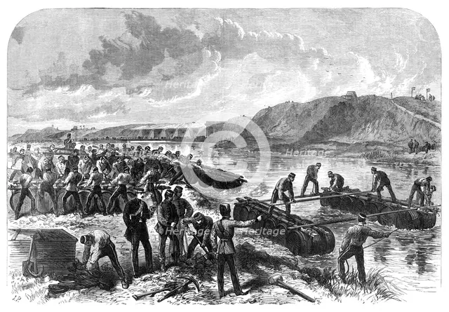 The Volunteer Review at Portsmouth: the 1st Hants Engineer Volunteers constructing a...bridge, 1868. Creator: Unknown.