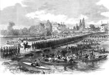 The Volunteer Review at Windsor: volunteers crossing the pontoon bridge over the Thames..., 1868. Creator: Unknown