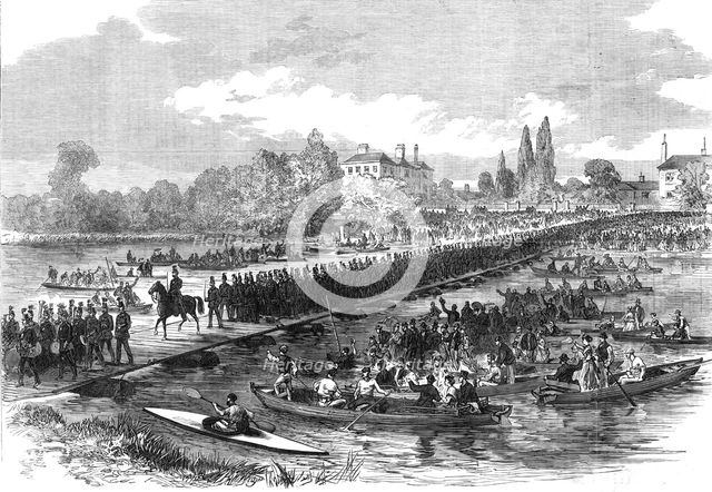 The Volunteer Review at Windsor: volunteers crossing the pontoon bridge over the Thames..., 1868. Creator: Unknown.