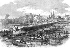 The Volunteer Review at Windsor: volunteers crossing the pontoon bridge over the Thames..., 1868. Creator: Unknown