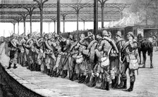 The Volunteer Review: departure of the Artists Corps from Victoria Railway Station, 1881. Creator: Unknown