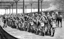 The Volunteer Review: departure of the Artists Corps from Victoria Railway Station, 1881. Creator: Unknown