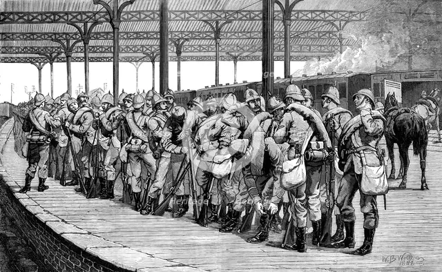 The Volunteer Review: departure of the Artists Corps from Victoria Railway Station, 1881.  Creator: Unknown.