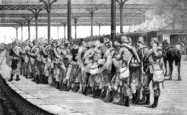 The Volunteer Review: departure of the Artists Corps from Victoria Railway Station, 1881.  Creator: Unknown.