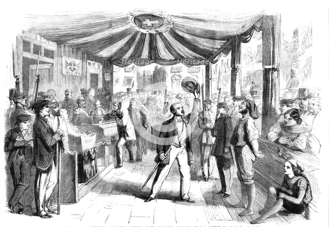 The vote for annexation at Naples - polling booth at Monte Calvario - from a sketch by T. Nast, 1860 Creator: Unknown.