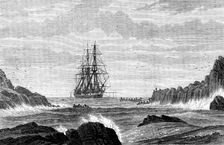 The Voyage of H.M.S. Challenger: the Challenger made fast to St. Paul's Rocks, 1873. Creator: Unknown
