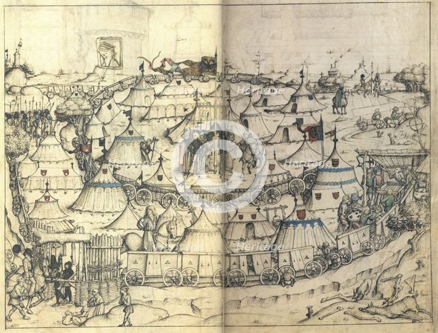 The Wagon Fort (From the Medieval Housebook of Wolfegg Castle), ca 1485. Artist: Master of the Housebook of Wolfegg Castle (active 1480-1490)