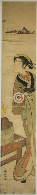 The Waitress Osen of the Kagiya teahouse Carrying a Cup of Tea, c. 1769/70. Creator: Suzuki Harunobu.