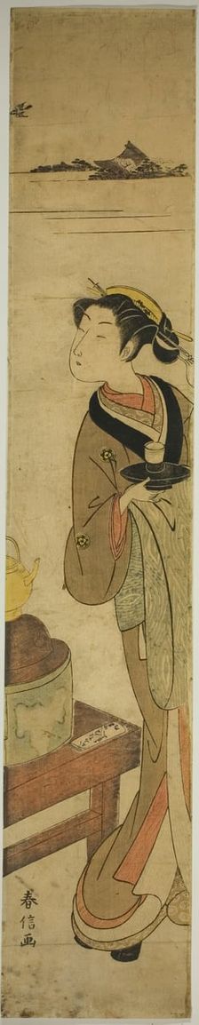 The Waitress Osen of the Kagiya teahouse Carrying a Cup of Tea, c. 1769/70. Creator: Suzuki Harunobu