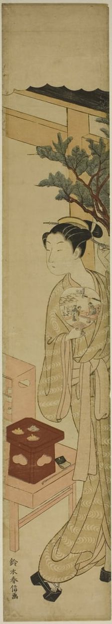 The Waitress Osen of the Kagiya Teahouse Holding a Fan, c. 1768/69. Creator: Suzuki Harunobu