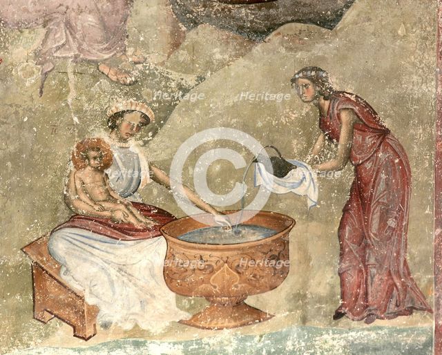 The washing of the child in the nativity scene, c. 1260-1270. Artist: Anonymous  