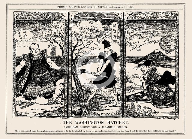 The Washington Hatchet. American design for a Japanese screen, Punch, December 11, 1921 Creator: Leonard Raven-Hill.