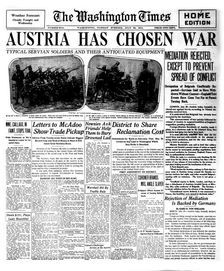 The Washington Times Front Page from July 28th, 1914: "Austria has chosen war", 1914. Creator: Historic Object