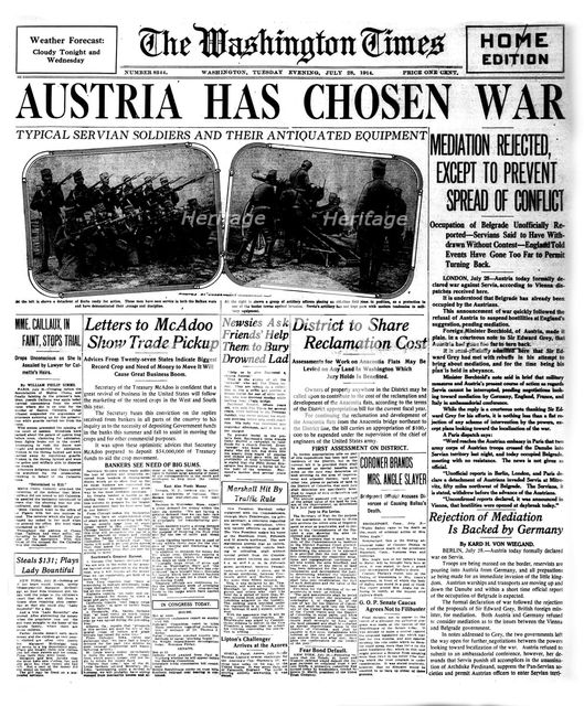 The Washington Times Front Page from July 28th, 1914: "Austria has chosen war", 1914. Creator: Historic Object.