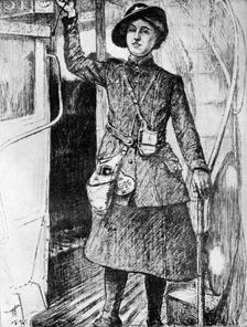 The War at Home: Bus Conductress 1917, (c1920). Artist: Archibald Standish Hartrick