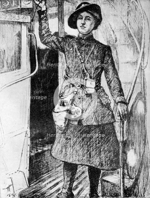 'The War at Home: Bus Conductress', 1917, (c1920). Artist: Archibald Standish Hartrick