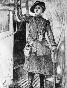 The War at Home: Bus Conductress 1917, (c1920). Artist: Archibald Standish Hartrick