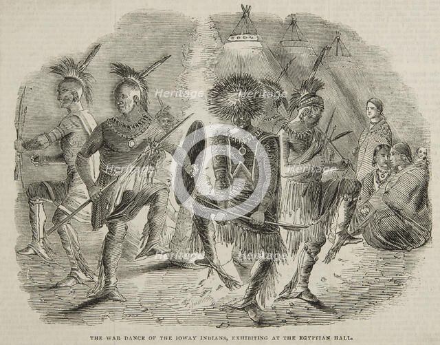 The War Dance of the Ioway Indians, exhibiting at the Egyptian Hall, 1844. Creator: Unknown.