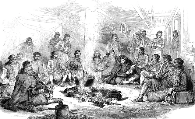 The War in the Herzegovina: Council of War at Peco Pavlovitch's Camp, from a sketch by..., 1876. Creator: Unknown.