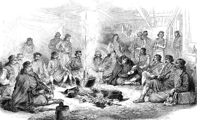 The War in the Herzegovina: Council of War at Peco Pavlovitch's Camp, from a sketch by..., 1876. Creator: Unknown.