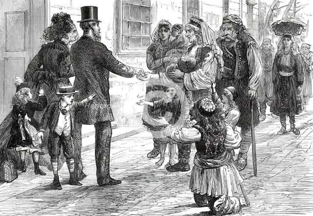 The War in the Herzegovina: Refugees begging outside an hotel at Ragusa, 1876. Creator: Unknown.