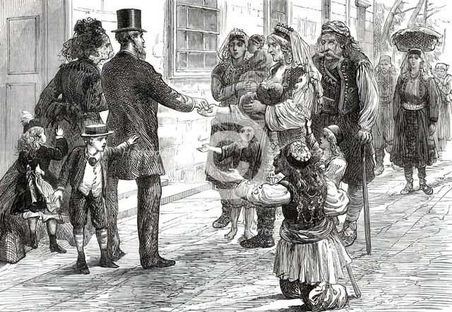 The War in the Herzegovina: Refugees begging outside an hotel at Ragusa, 1876. Creator: Unknown.