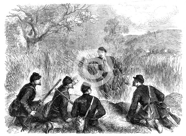 The War in America: a Confederate deserter coming into the Federal lines at Munson's..., 1861. Creator: Unknown.