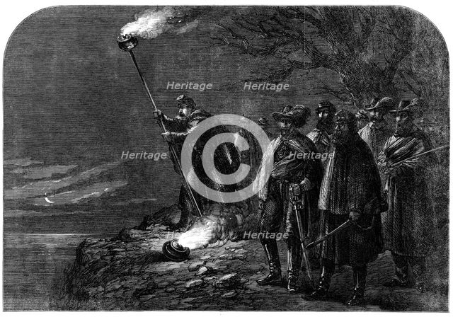 The War in America: a night alarm in the Federal camp - signalling from the right bank..., 1862. Creator: Unknown.