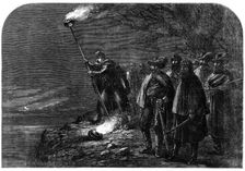 The War in America: a night alarm in the Federal camp - signalling from the right bank..., 1862. Creator: Unknown