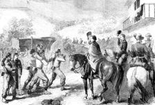 The War in America: bringing in the Federal wounded after the skirmish at Lewinsville..., 1861. Creator: Frederick John Skill