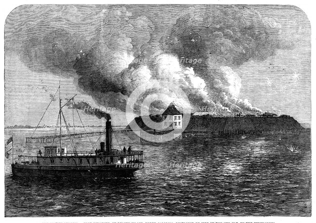 The War in America: Fort Ocracoke, on Beacon Island, North Carolina, destroyed by fire on..., 1861. Creator: Unknown.