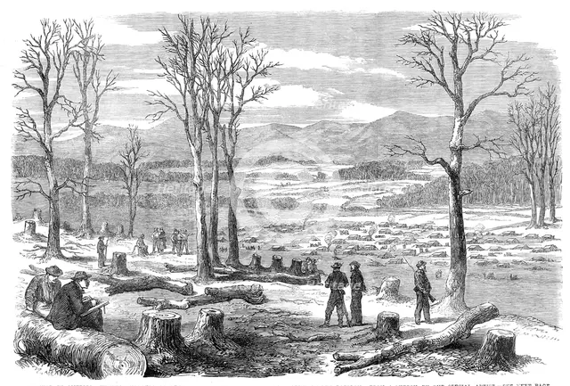 The War in America: winter quarters of the left wing of the Confederate Army on the Rapidan..., 1864 Creator: Unknown.