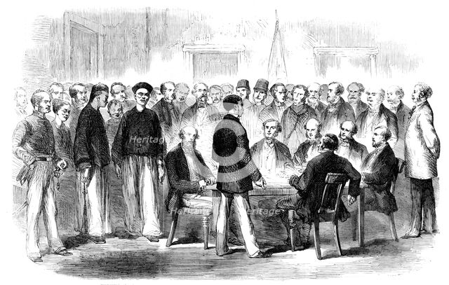 The War in China - Examination at the Police-Office, Victoria, Hong-Kong, of Esing..., 1857. Creator: Marciano Antonio Baptista.