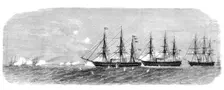 The War in Denmark: Danish cruisers of Rügen chasing a Prussian flotilla into Swinemünde..., 1864. Creator: Unknown