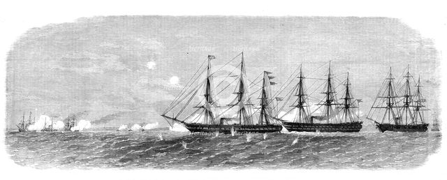 The War in Denmark: Danish cruisers of Rügen chasing a Prussian flotilla into Swinemünde..., 1864. Creator: Unknown.