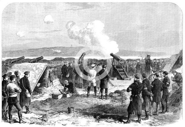 The War in Denmark: Prussian battery at Gaasberg Point, opposite the forts of Düppel, 1864. Creator: Unknown.