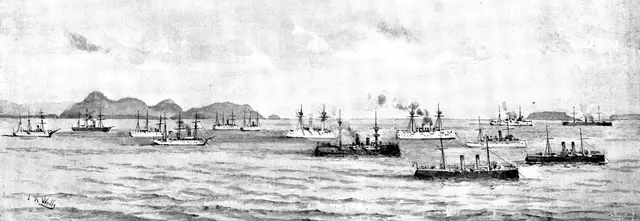 The War in Eastern Asia: men-of-war anchored off Chefoo - a sketch from the shore, 1895. Creator: George Meisenbach.