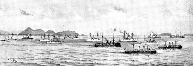 The War in Eastern Asia: men-of-war anchored off Chefoo - a sketch from the shore, 1895. Creator: George Meisenbach.