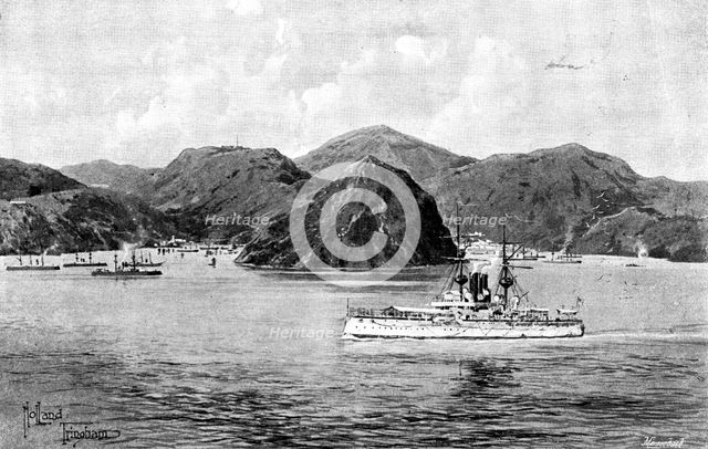 The War in Eastern Asia: the "Centurion" passing Ta-Lien-Whan Bay..., 1895. Creator: George Meisenbach.