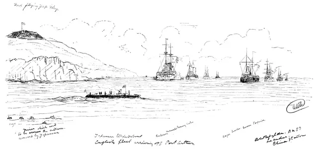 The War in Eastern Asia: the English Fleet arriving off Port Arthur, 1895. Creator: Carl Hentschel.