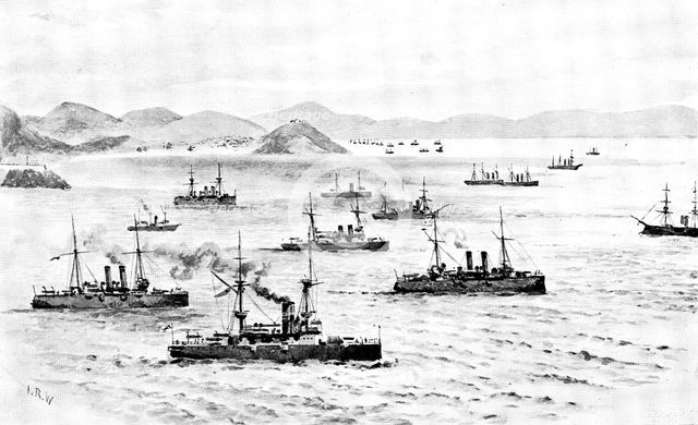 The War in Eastern Asia: the English Fleet leaving Chefoo Harbour, November 23, 1891, (1895). Creator: Unknown.