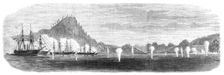 The War in Japan: the Red Battery opening fire on the corvettes, Sept. 6, 1864. Creator: Smyth