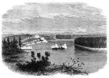 The War in New Zealand: the gun-boat Pioneer at anchor off Meremere, on the Waikato River..., 1864. Creator: Unknown