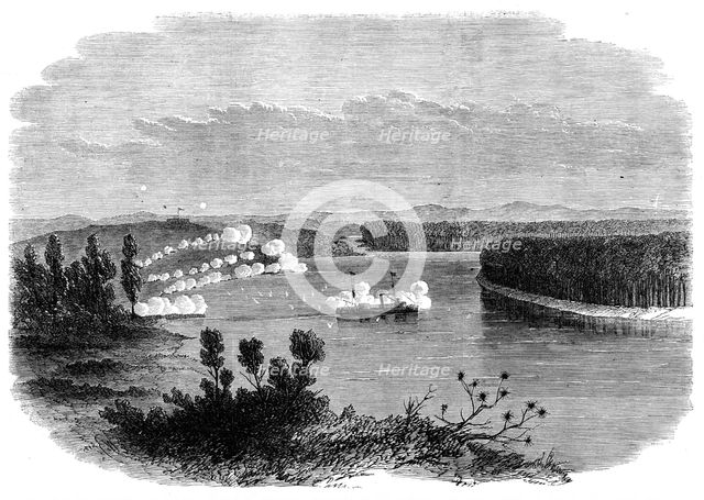 The War in New Zealand: the gun-boat Pioneer at anchor off Meremere, on the Waikato River..., 1864. Creator: Unknown.