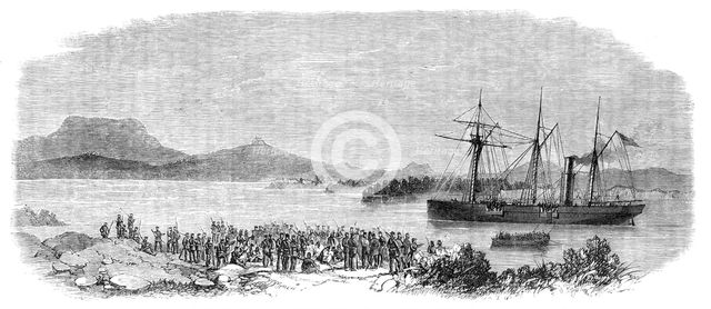 The War in New Zealand: Maori prisoners...waiting to be placed on board H.M.S. Pioneer, 1864. Creator: Unknown.