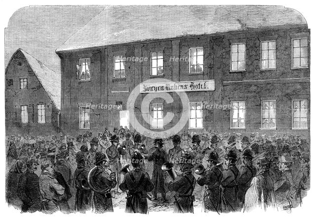 The War in Schleswig: band playing before Marshal Wrangel's head-quarters at Hadersleben..., 1864. Creator: Unknown.
